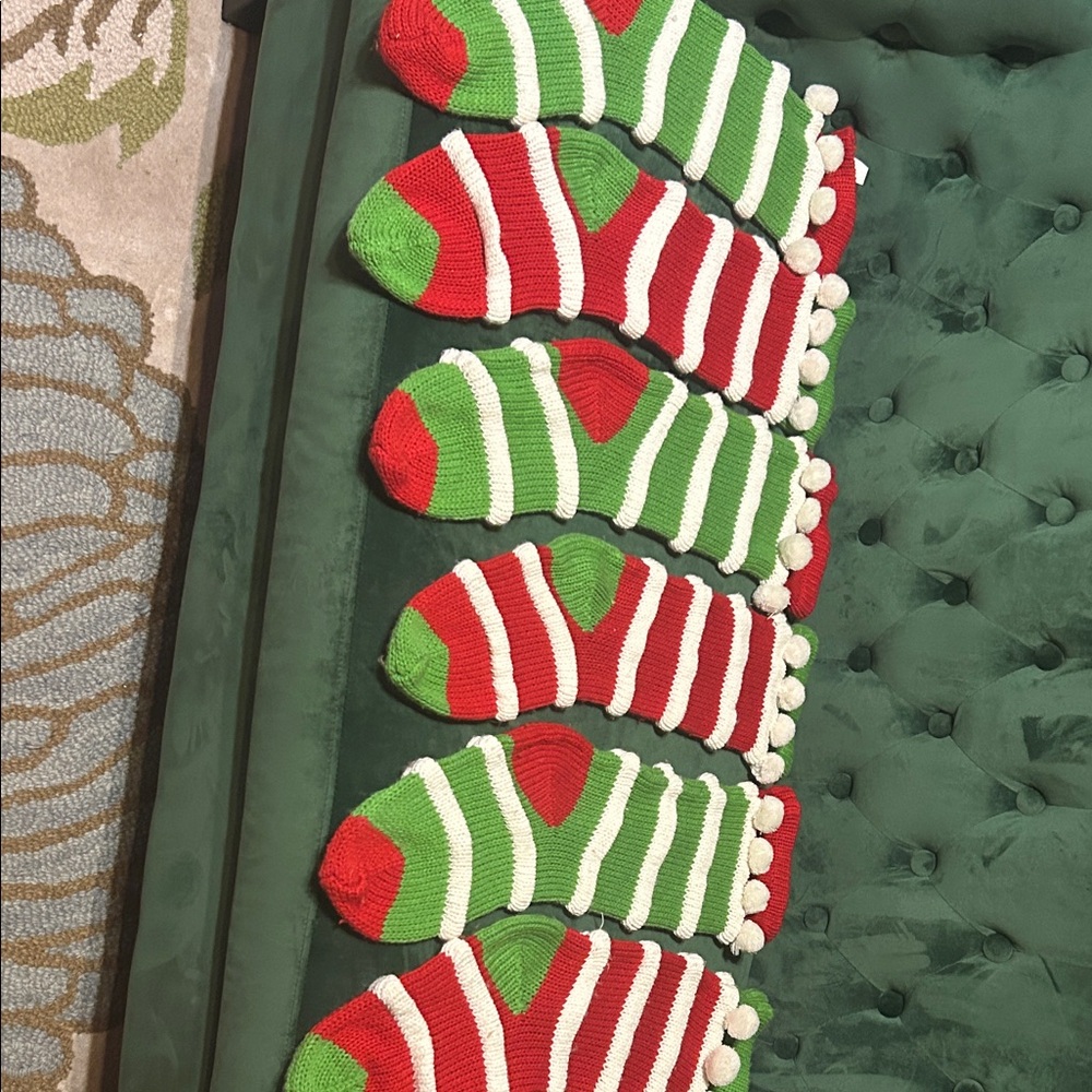 Festive Striped six Stockings- Red and Green with big white Pom Poms.